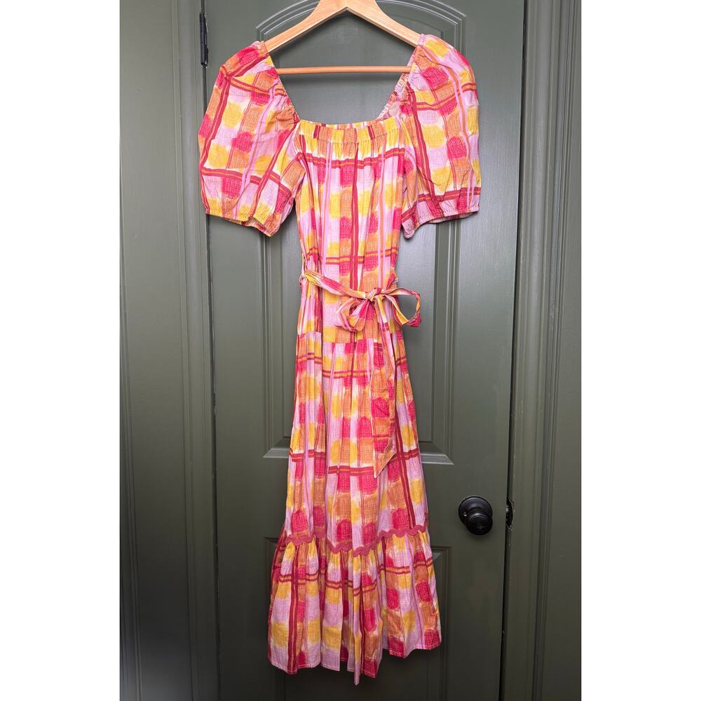 NWT Ro's Garden Helsinki Maxi Resort Checkered Tie Waist Dress Pink Yellow XS